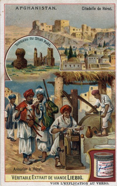Město a zbrojíři města Herat v Afghánistánu a hrobka Shah Rukh. Chromolitografie 19. století. od French School