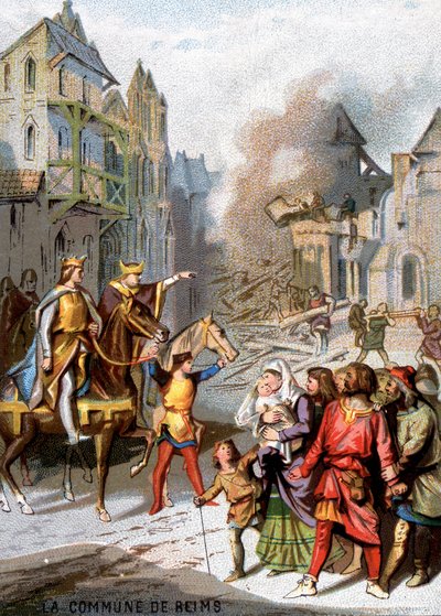 Komuna Reims (1160) – Represálie Ludvíka VII. s cílem zničit komunální svobody buržoazie z Remeše. Chromolitografie řady „“Vlastenecká výchova obrazem““. od French School