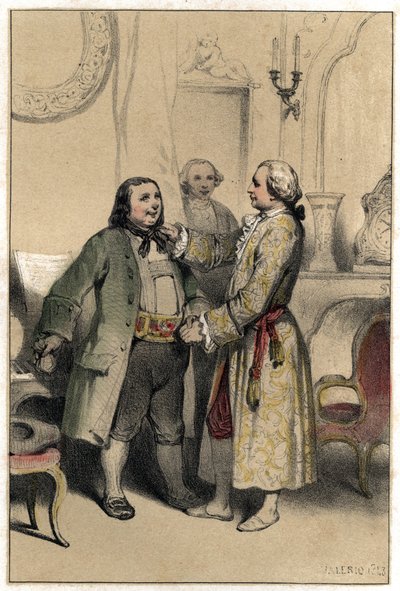 Skladatel Joseph Haydn přijal muže, který ho přišel požádat, aby sestavil jídelní lístek na svatbu jeho dcery. Deska převzata z rytiny „“Scenes de la vie des hommes slavný“““ ve dvou odstínech od Valeria. 1843. od French School