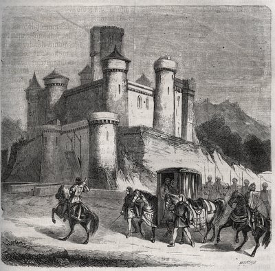 Sbor Rigonde (Rigonthe) (kolem 569-po 589) opouští Paříž, aby šel za svým snoubencem, princem Recaredem. Rytina z roku 1871 v „Histoire Des Cocus Celebres““ od Henryho de Kocka (1819-1892). od French School
