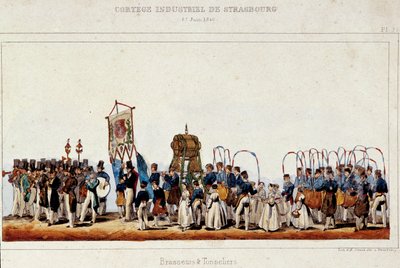 Tanec sládků a bednářů během průmyslového průvodu ve Štrasburku 25.6.1840. Simonova litografie od French School