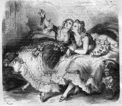 Dcery „harému“ francouzského krále Ludvíka XV. dit le Bien-Aime (Bien Aime) (1710-1774). Rytina v „Historie papežů-králů-královen a císařů v průběhu staletí““ od Maurice Lachatre od French School