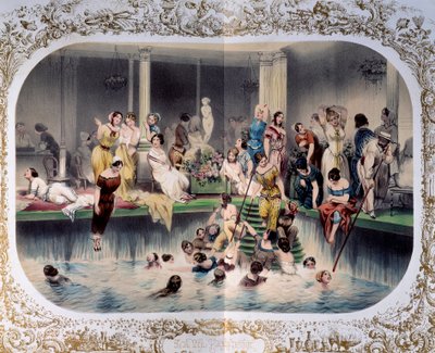 Den plavání žen v pařížském bazénu, cca 1900 (tisk) od French School