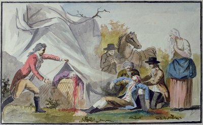 Smrt Francoise Pilatre de Rozier (1754-85) u Boulogne dne 15. června 1785 poté, co se pokusil překročit kanál v balonu Mongolfiere od French School