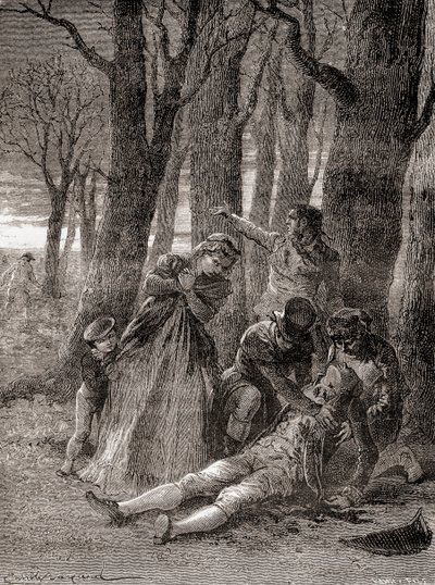 Smrt Philippa Lebona na Champs-Élysées poté, co byl třináctkrát bodnut, z „Les Merveilles de la Science“, vydáno kolem roku 1870 (rytina) od French School
