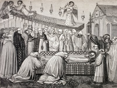 Smrt svatého Benedikta z Nursie v opatství Monte Cassino z knihy „Vojenský a náboženský život ve středověku“ od Paula Lacroixe, vydaná v Londýně kolem roku 1880 od French School