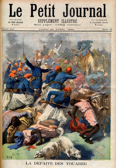 Porážka Tuaregů. Francouzské koloniální jednotky pod velením podplukovníka Josepha Joffreho (1852-1931) - Porážka Touaregu. Ilustrace pro Le Petit Journal, 30. dubna 1894 (rytina) od French School