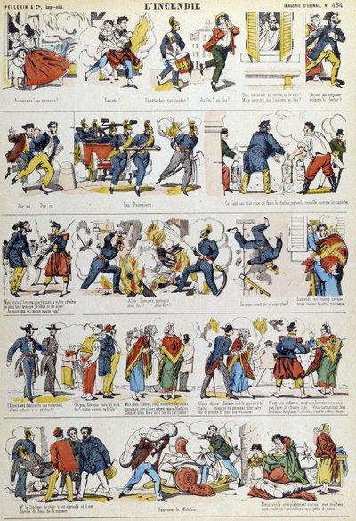 Různé fáze požáru v 19. století. Obrázek Epinal z 19. století. od French School