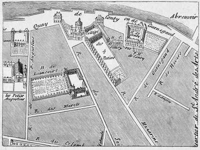 Čtvrť College des Quatre Nations (čtyři národy) a hotel Conti-Fac-Simile v plánu J. de la Caille od French School