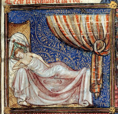 Sen, detail: Spící milenec. Miniatura v knize "Le Roman de la rose" od Jeana de Meun, Jeana de Meung nebo Jeana Chopinela, Jeana Clopinela (v. 1240-1305), kolem roku 1370. Chantilly, Musee Conde od French School