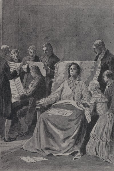 Umírající Wolfgang Amadeus Mozart poslouchá své přátele při hraní jeho kantáty In Chvála přátelství (rytina) od French School