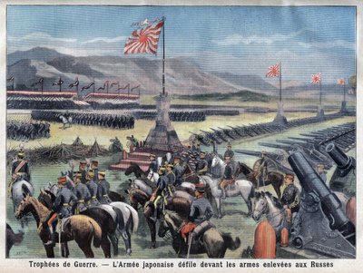 Konec japonského konfliktu Russo, japonská vítězná armáda sedí před převzetím ruských zbraní, v „Le Petit Parisien“, 24. 6. 1906 (rytina) od French School