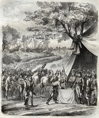 Konec vendejské války - Hoche podepisuje smlouvu s Bretonci - Francouzská revoluce - La pacification de la Vendee - Accords de la Mabilais, 20. dubna 1795 - podpis mezi generálem Hochem a kuchaři chouany - Podpis smlouvy z Mabilais od French School