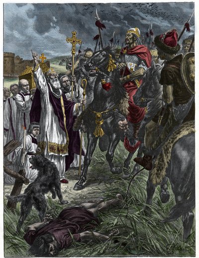 Předvečer Svatý Loup z Troyes arretes Attila, král Hunů před Troyes - Invaze barbarů - Rytina podle obrazu H. Groberta. od French School