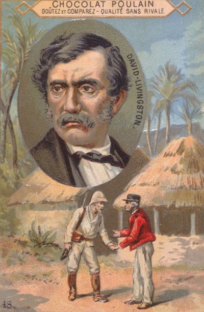 Průzkumník David Livingstone (1813-73) a jeho setkání se Stanleym (1840-1904) v Ujiji dne 27. října 1871, obchodní karta s reklamou na čokoládu Poulain od French School