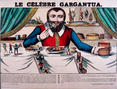 Slavná postava Gargantua z románů Francoise Rabelaise (1494-1553), francouzského spisovatele. Gargantua má velký baldachýn a má všechny druhy nádobí. Epinal Imaging 19. století - od French School