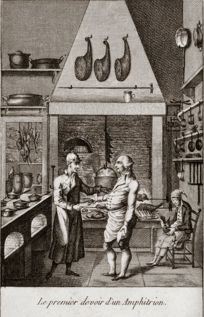 První povinnost Amphitriona (amphitryon) - rytina do „“ Almanachu labužníků, sloužící jako průvodce způsoby, jak udělat vynikající drahou. Od starého amatéra““ Alexandre Balthazar Laurent Grimod de la Reyniere - 1804-1812 od French School
