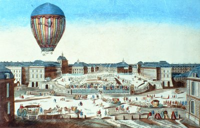 První let horkovzdušného balónu Pilatre du Roziers, pojmenovaného po svém sponzorovi M. Montgolfierovi, ve Versailles dne 23. června 1784 od French School
