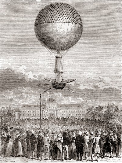 První úspěšný let balónem Jeana-Pierra Françoise Blancharda dne 2. března 1784 ve vodíkovém balónu vypuštěném z Champ de Mars v Paříži ve Francii z Les Merveilles de la Science, vydáno kolem roku 1870 (rytina) od French School