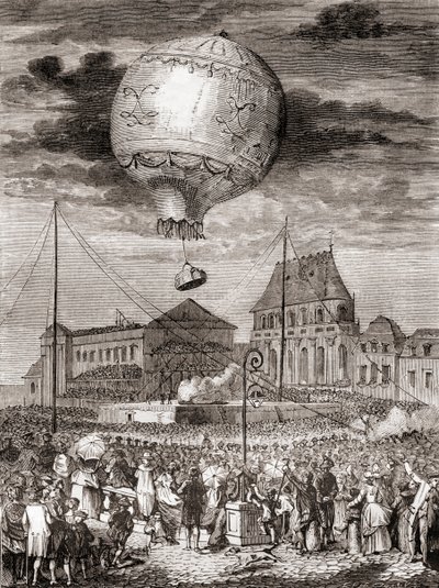 Let Aérostat Réveillon 19. září 1783 bratry Montgolfierovými ve Versailles ve Francii před francouzským králem Ludvíkem XVI. a královnou Marií Antoinettou z Les Merveilles de la Science, vydáno kolem roku 1870 (rytina) od French School