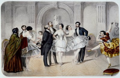 Foyer Opery (Opera Garnier v Paříži). Tanečnice v tutu si povídají s pány, kteří je přišli pozdravit, nebo dělají pár kroků k tanci. Rytina od French School