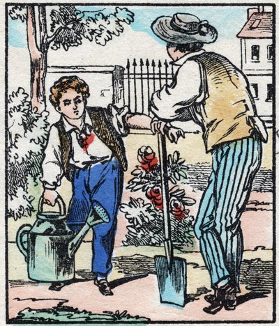 Zahradník. Rytina „“La chanson des metier““. Epinal imaging, konec 19. století. Soukromá sbírka od French School