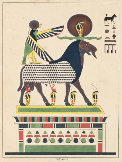 Bůh Amon-Ra, ilustrace z egyptského Pantheonu: sbírka mytologických postav ze starověkého Egypta od Jean-Francoise Champolliona, vydáno kolem roku 1986 od French School