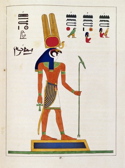 Bůh Mandou, ilustrace z egyptského Pantheonu: sbírka mytologických postav ze starověkého Egypta od Jean-Francoise Champolliona, vydáno kolem roku 1986 od French School