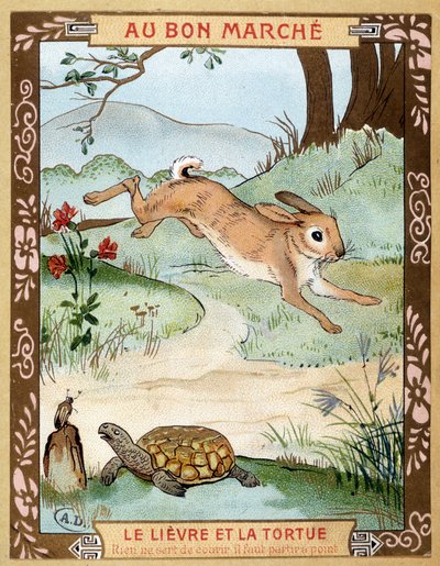 Zajíc a želva (Fable de La Fontaine) - reklamní nálepka Bon Marché, konec 19. století od French School