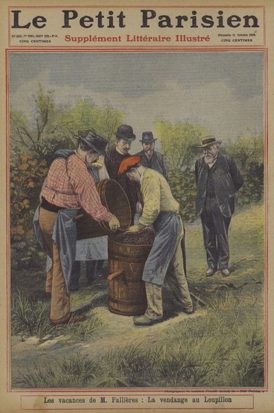 Svátky francouzského prezidenta Fallierese: sklizeň hroznů v jeho domě ve vesnici Loupillon (barva litho) od French School