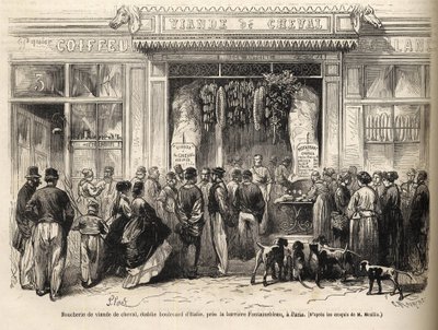 Koňské řeznictví v Bariéra de Fontainebleau (Paříž) otevřeno v roce 1866 - Butcherie chevaline - Boucherie Meat de Cheval Boulevard Itálie poblíž Bariéry de Fontainebleau 1866) Rytina v „Le monde illustrious“ de 1866 od French School