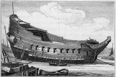 Trup velké lodi v 17. století. Rytina v „La Marine et les colonies: commerce“ od French School
