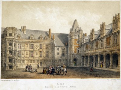 Interiér nádvoří zámku Blois za Františka I. (16. století) - litografie od French School