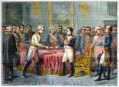 Rozhovor v Erfurtu, 27. září - 14. října 1808 - Napoleon I. přijímá barona Vincenta, rakouského diplomata a vyslance rakouského císaře napravo Alexandr I. Ruský (1777-1825) - Sněm knížat v Erfurtu dne 27. září 1808 ( Napoleo od French School
