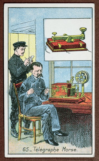 Vynález telegrafie s Morseovou abecedou, číslo 65 v sérii karet zobrazujících velké vynálezy, kolem roku 1910 od French School