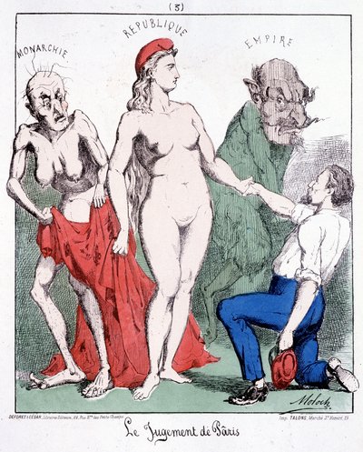 Rozsudek Pâris: Monarchie – Republika – Říše (komunard si vybere republiku). Karikatura o Komuně. od French School