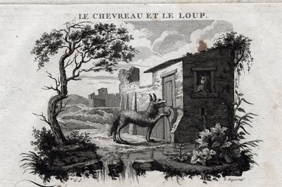 Dítě a vlk. Pohádka o Esope. (Řecký spisovatel Esopo nebo Ecopus, 6. století př. n. l.) Napsal Guillaume Montfort a Gravees Beauble v roce 1801. od French School