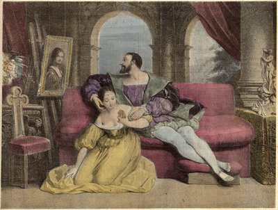 Francouzský král Francois I. (1494-1547) a nádherné kování. Litografie Daveria z roku 1838 v „“ Laughs Et Galanterie““. Týdenní sbírka Galantes Images na směr John Grand-Carteret. 1903-1904. od French School