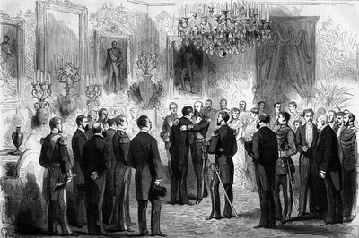Švédský král Oscar II (1829-1907) přijal průzkumníky Nilse Adolfa Erika (Eric) barona Nordenskjolda (Nordenskiold) (1832-1901) a poručíka Palandera v královském paláci ve Stockholmu. V roce 1878 Nordenskjold přešel z Atlantského oceánu do Tichého oceánu od French School