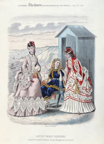 Nejnovější pařížská móda pro pláž a plavání, 1872 (barevné rytí) od French School