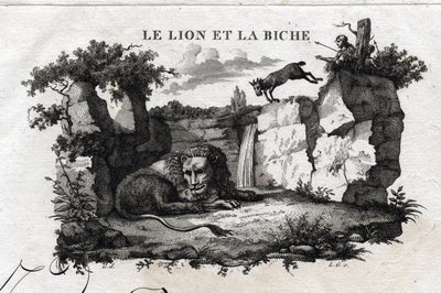 Lev a jelen. Pohádka o Esope. (Řecký spisovatel Esopo nebo Ecopus, 6. století př. n. l.) Napsal Guillaume Montfort a Gravees Beauble v roce 1801. od French School