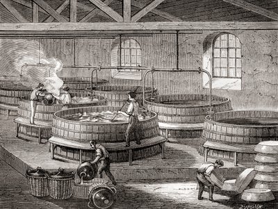 Výroba mýdla ve velkých nádržích v 19. století, z knihy "Les Merveilles de la Science", vydané kolem roku 1870 (rytina). od French School