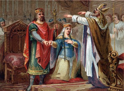 Sňatek Clovise (481-511) krále franků s Clothilde v roce 493. Chromolitografie konce 19. století. od French School