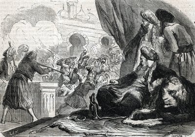 „Masakr armády janičářů v roce 1826 sultánem Mahmúdem II., Konstantinopol“ (rytina) 1864 od French School