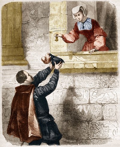 Tajemné lásky krále Jindřicha II. (1519-1559) a Diane de Poitiers (1499-1566). Rytina do „Historie prostituce a zhýralosti mezi všemi národy světa od starověku po současnost“ od Dr. Th. -F. Debray. 1879. od French School