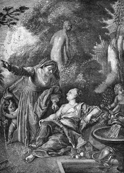 Ze starých nevěstek se stal dohazovač (zásobování). Rytina do „Historie prostituce a zhýralosti u národů zeměkoule od starověku po současnost““ od Dr. Th.-F. Debray. 1879. od French School