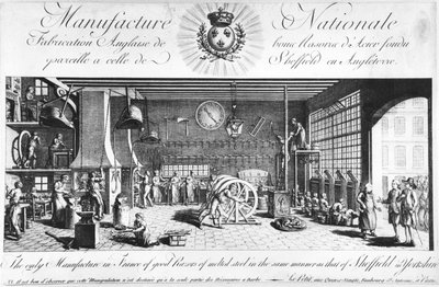 Jediná výroba dobrých břitev z roztavené oceli ve Francii stejným způsobem jako v Sheffieldu v Anglii, Yorkshire, konec 18. století (viz také 248212) od French School