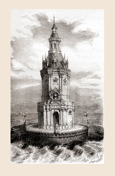 Původní maják Cordouan ze 17. století, poblíž ústí ústí Gironde ve Francii, z „Les Merveilles de la Science“, publikovaný kolem roku 1870 (rytina) od French School