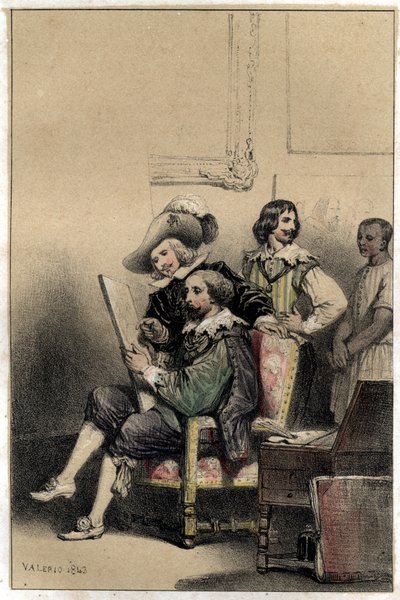 Malíř Diego Velasquez (1599-1660) přivítal ve svém ateliéru Pierra Paula (Pierre-Paul) Rubense (neboli Petera Paula či Petruse Pauluse) (1577-1640). Deska převzata z rytiny „“Scenes de la vie des hommes slavný“““ ve dvou odstínech od Valeria. 1843. od French School
