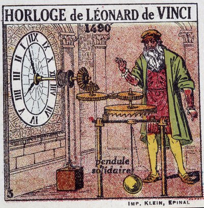 Kyvadlové hodiny Leonarda da Vinci (Leonardo da Vinci) (1452 - 1519) (kyvadlo v roce 1490) - v „“Energy““ od Henri Arnould, ed. Quillet, Paříž, 20. století od French School